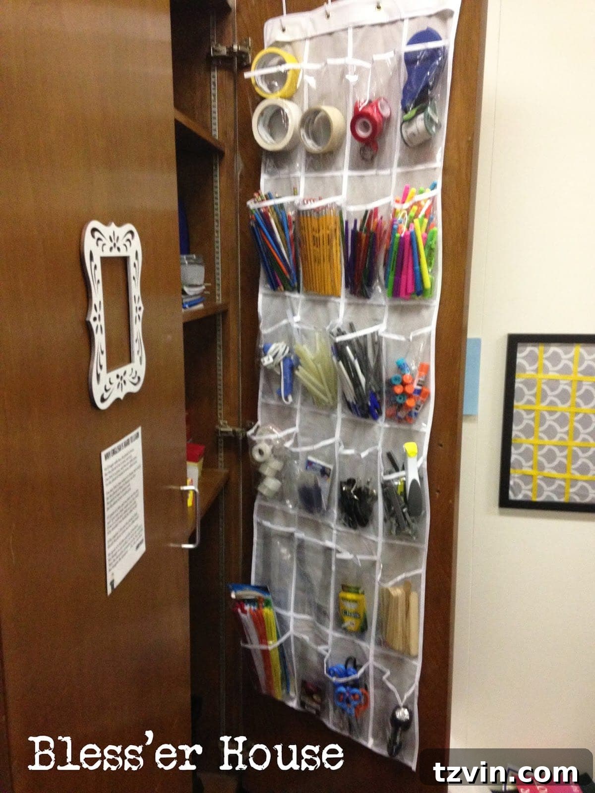Repurposed shoe organizer for classroom supplies.