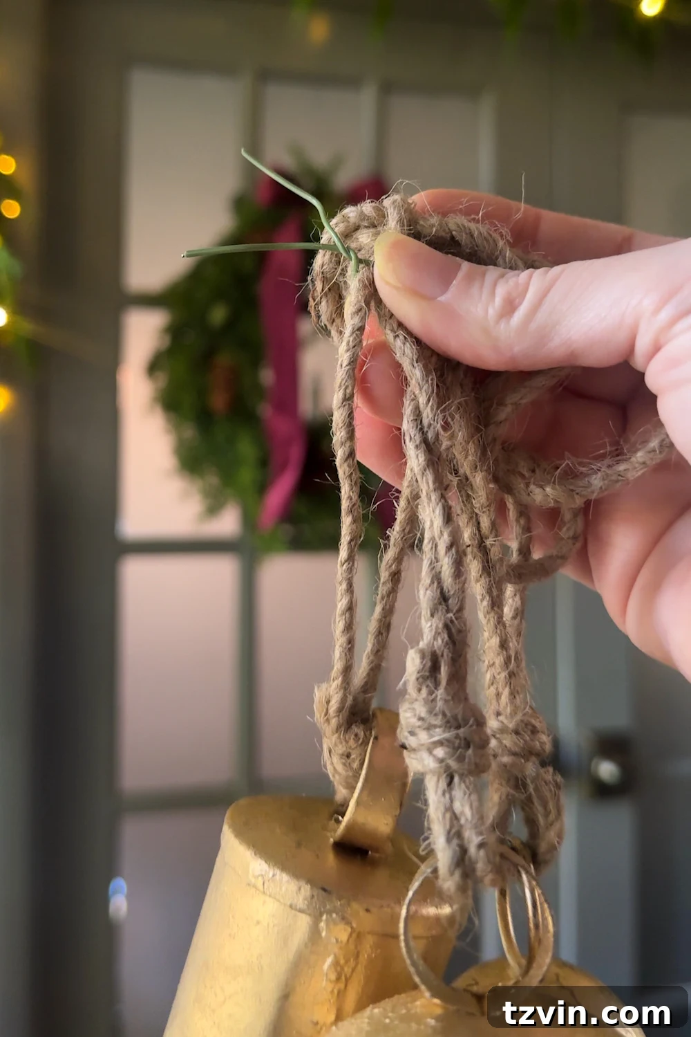 Close-up of embellishments attached to the Christmas garland