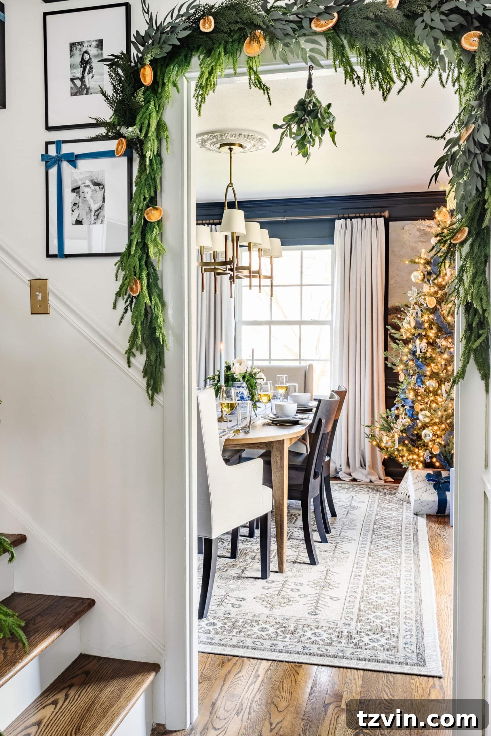 Doorway garland with ribbon and ornaments for a festive Christmas entryway