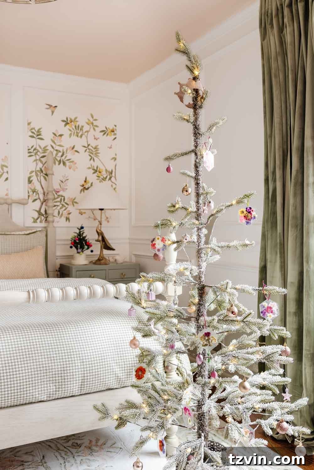 Pressed flower ornaments hanging on a Christmas tree