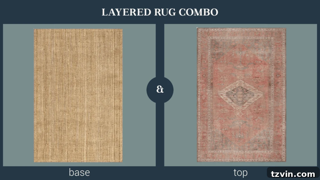Layering Rugs: Expert Tips and Stylish Combinations 4 A stylish rug layering combination featuring a jute base rug and a Persian patterned top rug.