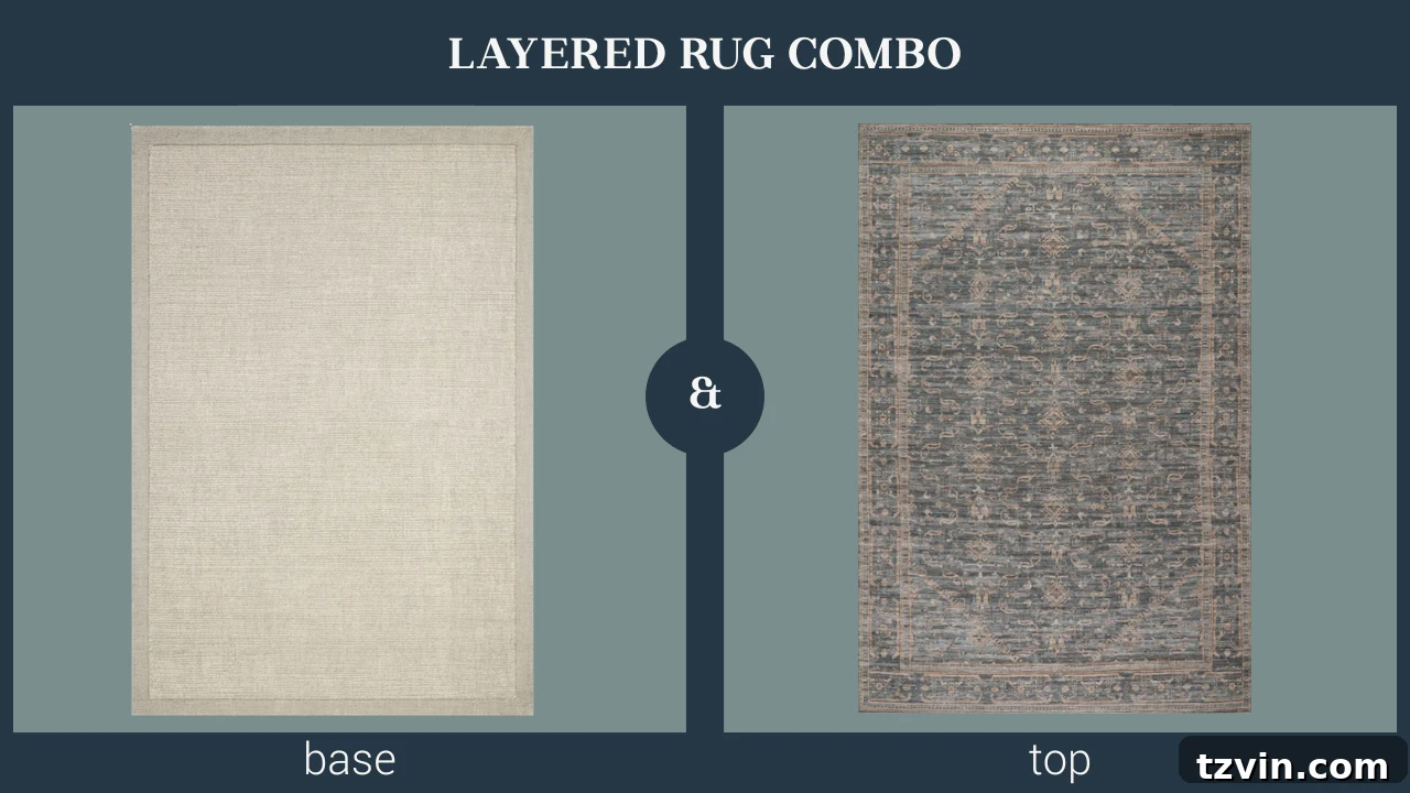 Layering Rugs: Expert Tips and Stylish Combinations 5 A modern rug layering combination featuring a wool flatweave base rug and a small vintage rug.
