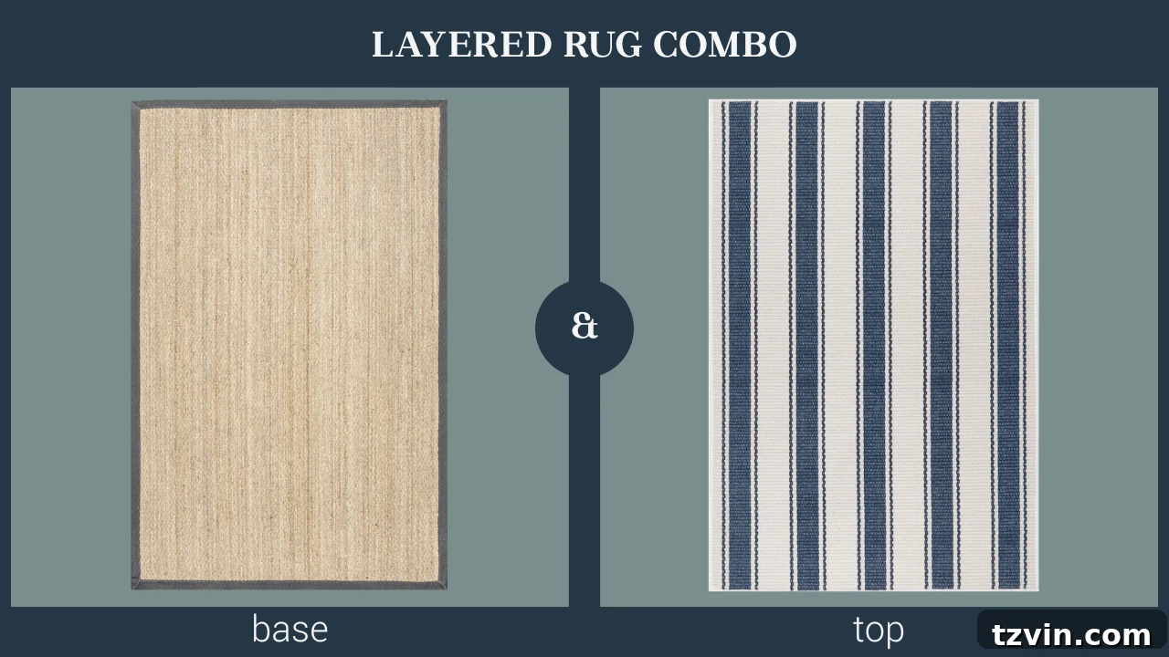 Layering Rugs: Expert Tips and Stylish Combinations 6 A relaxed rug layering combination featuring a seagrass base rug and a striped or patterned flatweave rug.