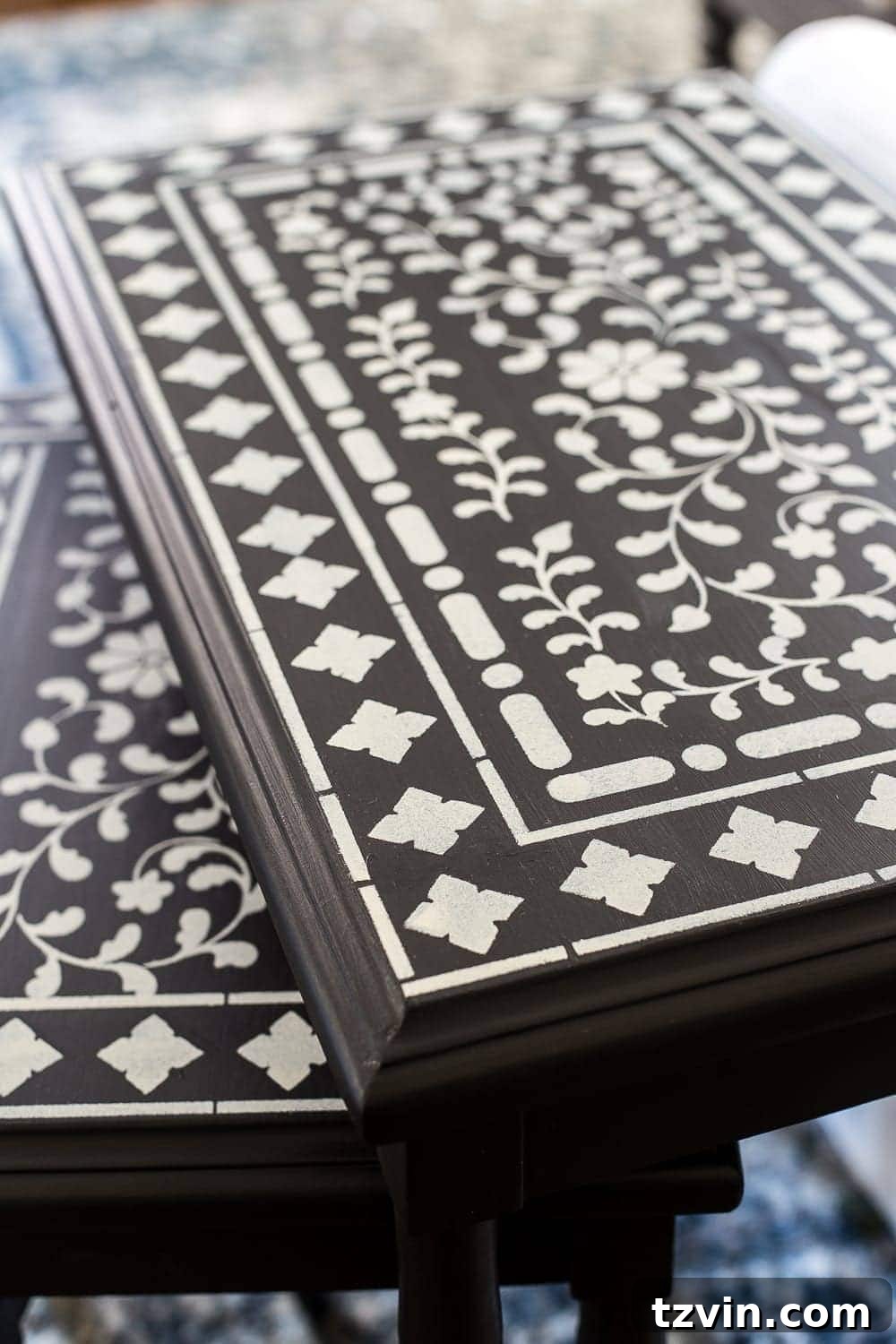 12 Furniture Upgrades That Make Your Pieces Look Expensive 27 stenciled bone inlay table