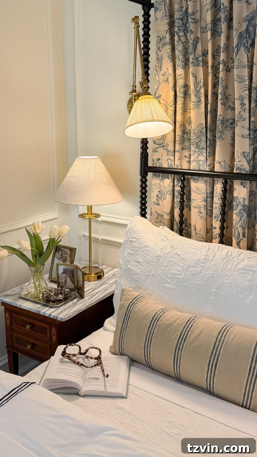 classic modern french country bedroom with layered lighting and canopy bed