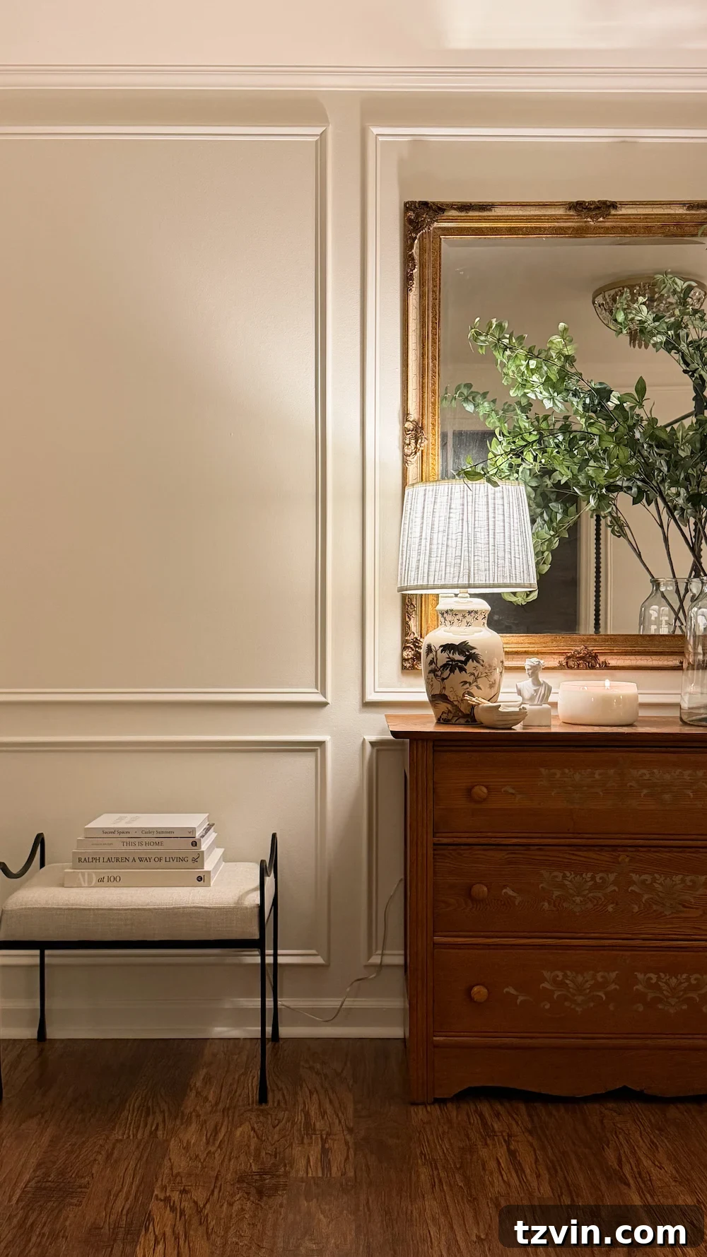 classic modern french country bedroom with layered lighting and canopy bed